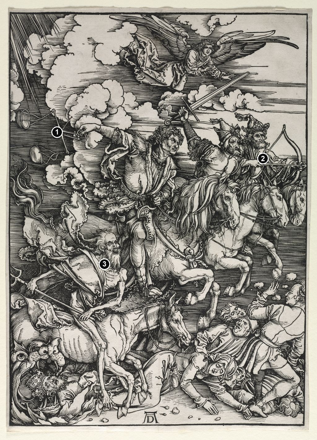 Annotated details from The Four Horsemen of the Apocalypse by Albrecht Dürer